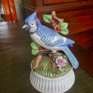 Shafford Japan Porcelain Musical  Figurine Blue Jays Bird Music Box 6"